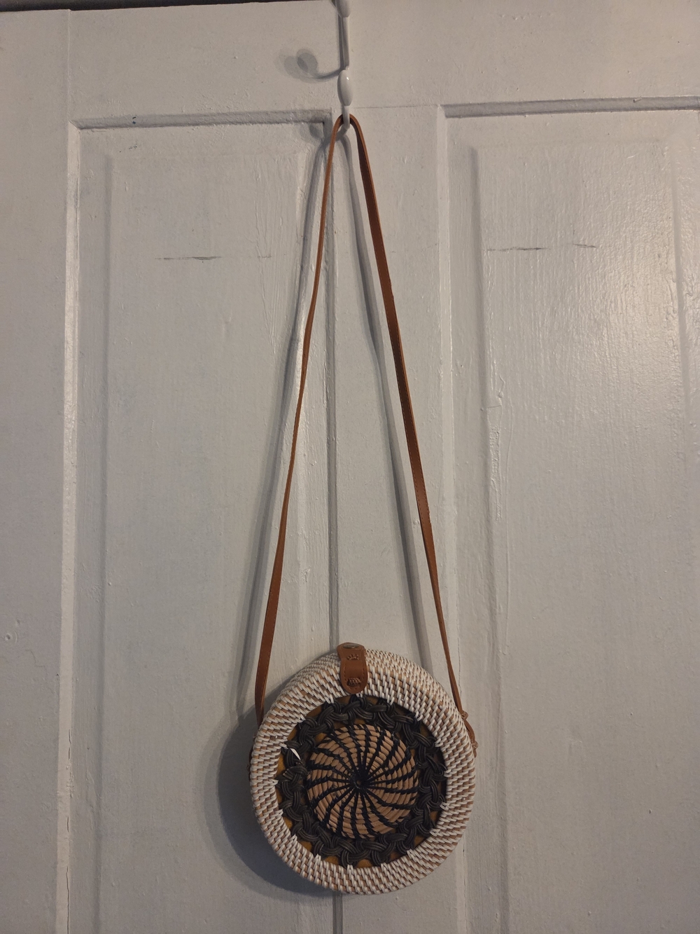 Woven Round Crossbody Bag in Cream and Brown
